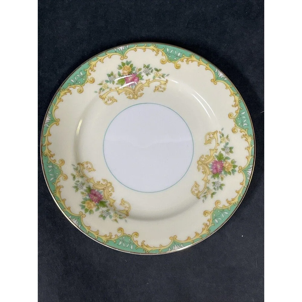 1930s Noritake Tiffany M Teacup Saucer Plate 4 Pc Set Gold Trim Ivory Aqua Beige